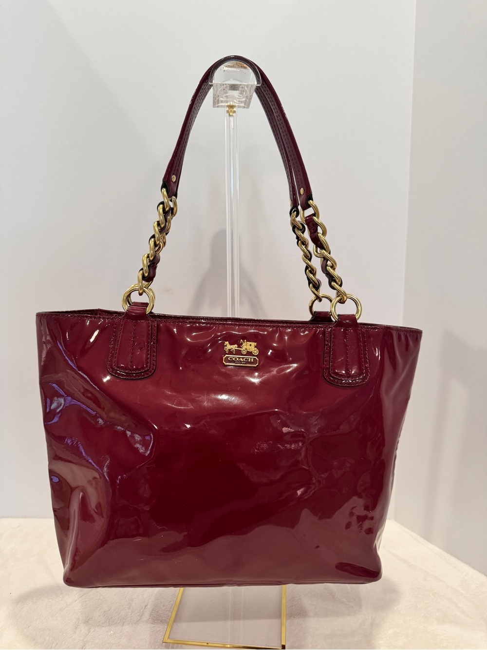 Coach Madison Patent Leather Tote in Deep Wine with Gold Chain Handles